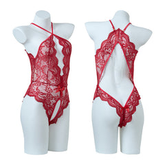 【$9.9】Open-crotch See-through Lace Backless Pearl Chain Bodysuit