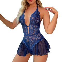 Pureros Sexy Plus-Size Lingerie Ensemble Lace Bodysuit Mesh Teddy with V-Neck Crotchless Design