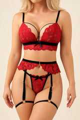 Red Heart Lace Bra & Panty Set with Garter Belts
