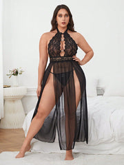 Erotic Halter Long Slit Dress Set Sexy Mesh See-Through Lace Backless Design