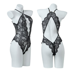 Pureros Open-crotch See-through Strappy Lace Backless Mesh Body Pearl Back Teddy