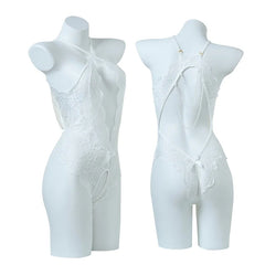 Pureros Open-crotch See-through Strappy Lace Backless Mesh Body Pearl Back Teddy