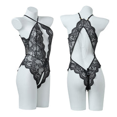 【$9.9】Open-crotch See-through Lace Backless Pearl Chain Bodysuit